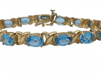 7" 14K Yellow Gold Oval Blue Topaz Link Bracelet