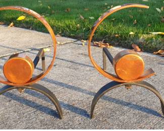 Pair of Solid Metal Brass MCM, Donald Deskey??? Scroll Andirons.