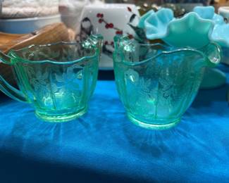 uranium glass creamer and open sugar bowl
