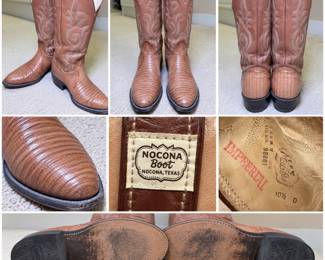 Vintage Nocona Boot Company Imperial men’s Western cowboy boots, marked size 10½ D and Made in USA. Handsome two-tone brown construction featuring textured exotic leather vamps with coordinating leather shafts, decorative Western embroidery, pointed toes, pull straps, and traditional stacked heels. Interior retains Nocona Boot labels and Imperial markings. Quality American-made Western boots with excellent character and a well-broken-in vintage appearance. Pre-owned condition with visible wear, creasing, scuffs, and sole wear consistent with age and use. Exotic leather species has not been independently verified; bidders should review all photographs for material, condition, and details. Size 10½ D.