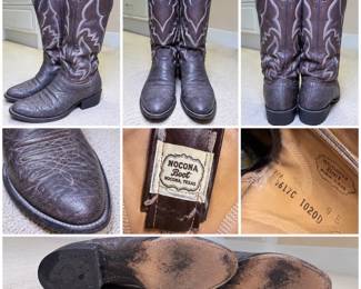 Men’s Nocona Boot Company Western cowboy boots, size 10 1/2, featuring brown leather construction with traditional Western contrast stitching and pull-on shafts. Classic pointed-toe profile with stacked heels and leather soles. Interior retains Nocona Boot, Nocona, Texas labels and factory markings. Boots show visible wear consistent with prior use, including creasing, scuffs, surface wear and wear to the leather soles and heels; please review photos carefully for condition. A handsome pair of authentic Nocona Western boots with great broken-in character, suitable for wear, Western apparel, ranch style or collection. Size: Men’s 10 1/2.