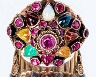 Vintage Multi-Gemstone Statement Ring – Appears Gold-Plated Sterling Silver – Middle Eastern / Indian Style
