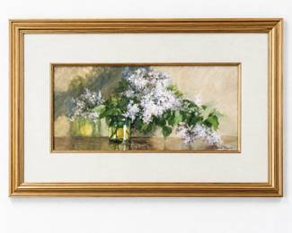 Signed floral still life by artist Deborah Bays, executed in pastel on paper and depicting a lush arrangement of pale lavender and white lilacs with green foliage arranged in a glass vase. The horizontal composition features the artist’s soft, atmospheric treatment of light and color, with the delicate blossoms emerging against a muted neutral background. Signed by the artist at lower right. Art field measures approximately 8 1/2 inches x 18 1/4 inches; overall framed dimensions measure approximately 18 1/2 inches x 29 1/4 inches. Professionally presented under glass with a wide neutral fabric mat, gold-tone liner and coordinating gold-tone frame. An attractive original pastel with a classic floral still-life subject and sophisticated presentation. Frame, mat and artwork show condition consistent with age and display; please review all photographs carefully as they form an important part of the condition report. Dimensions 18 1/2" x 29 1/4" Artist or Maker Deborah Bays