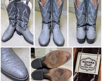 Vintage Nocona Boots Western cowboy boots featuring gray leather construction with contrasting decorative Western stitching along the shafts and textured leather vamps. Classic pointed/Western toe profile with pull tabs, leather soles and stacked heels. Interior label reads “Nocona Boot – Nocona, Texas.” Boots show authentic wear consistent with prior use, including creasing and variation to the leather, along with visible wear and scuffing to the soles and heels. A handsome pair of traditional Texas-made-style Western boots with great character and patina. Size is not confirmed; please review all photographs for markings, construction, condition and details. Pre-owned vintage condition with visible wear from use; photographs are considered part of the condition description.