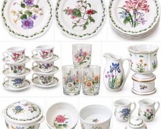 Charming vintage botanical floral dinnerware and serving collection featuring an assortment of colorful flower motifs on white grounds with coordinating green leafy borders. Collection includes approximately seven soup bowls, eight salad plates, twelve floral drinking glasses, eight teacups with coordinating saucers, and assorted serving pieces including pitchers/creamers, covered serving pieces, sugar bowl, serving bowl and other coordinating pieces as photographed. Floral designs vary throughout the collection, creating an attractive mix-and-match botanical table setting with wonderful cottage, garden and traditional appeal. Approximately thirty-five pieces are specifically noted in the place-setting count, plus various serving pieces. Vintage pre-owned condition with expected signs of age and use; please review all photographs carefully for exact piece count, patterns, condition and included items.