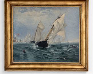 Large maritime oil painting attributed to Colin Hunter (Scottish, 1841–1904), depicting an active sailing regatta with multiple vessels under full sail navigating choppy seas. The composition features a prominent dark-hulled sailing vessel in the foreground surrounded by additional yachts, distant ships, figures in a small boat and seabirds beneath a cloud-filled sky. Signed “Colin Hunter” at lower right and presented in a substantial period-style gilt frame with decorative inner molding. Attribution is based upon the visible signature and has not been independently authenticated. Significant condition issues are present, including extensive cracking/craquelure to the painted surface and a visible dimple/indentation to the canvas. Frame exhibits age-related wear, losses, spotting and surface imperfections. Please examine all photographs carefully for condition, signature and details. Sold as attributed to Colin Hunter; no guarantee of authorship is made.