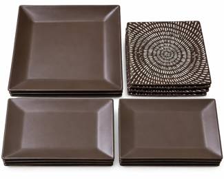 Contemporary World Market ceramic dinnerware collection in a rich brown color palette with modern geometric forms. Set includes two large square plates, eight square appetizer plates featuring a coordinating white radiating dash pattern, and eight rectangular plates, for a total of eighteen pieces. The combination of solid brown and patterned pieces creates an attractive coordinated presentation ideal for appetizers, sushi, desserts, small plates, entertaining, or everyday dining. Modern World Market styling with clean lines and versatile neutral coloring. Pre-owned condition with signs of previous use, including possible light surface scratches, utensil marks, and minor wear. Please review photographs carefully for condition, color, pattern, and included pieces.