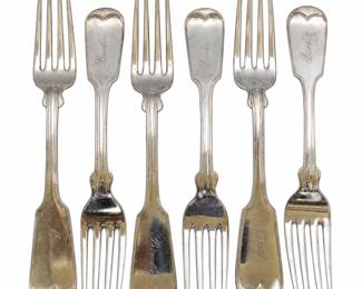 Antique set of six coin silver forks marked BENEDICT – 5 WALL ST., with additional impressed maker’s marks. Each fork features a classic fiddle-style handle with a distinctive scalloped terminal and period script engraving reading “Brooks.” Approximately eight inches long as shown. The set displays attractive historic character with surface scratches, wear, patina and variations consistent with age and use; one tine shows visible damage/bending and should be reviewed in the photographs. An appealing early American coin silver flatware set with New York retailer/maker interest, well suited for collectors of nineteenth-century silver, historic tableware and monogrammed estate silver. Sold as a set of six. Please review photographs for marks, measurements and condition.