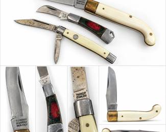 Collection of three vintage folding pocket knives featuring varied traditional designs and handle materials. Includes a large F. Consigli Scarperia, Italy folding knife with curved light-colored handle, brass-tone bolster and stainless steel blade; a Parker Cut Co. multi-blade pocket knife with light-colored handle; and a smaller folding knife with dark decorative inlay and integrated bottle opener. Knives show age-related surface wear, patina, oxidation, scratches and handling consistent with vintage use. Maker marks and construction details are shown in photographs. Blades have not been professionally sharpened or restored by the auction company. Please review all photographs for individual condition, markings and included components.