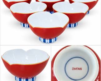 Set of five vintage Japanese porcelain footed bowls featuring a striking red exterior, crisp white interior, delicate gold-trimmed scalloped rims, and blue-and-white striped pedestal bases. Each bowl has an elegant floral-inspired form with gently shaped sides and is marked “JAPAN” on the underside. A colorful and decorative set well suited for serving, display, or a collection of vintage Japanese tableware. Pre-owned vintage condition with age-appropriate surface wear, including some wear to the gold decoration and minor imperfections; please review photographs for condition and details.