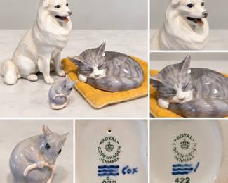 Charming collection of three Royal Copenhagen glazed porcelain animal figurines featuring a seated white Spitz-type dog, a gray tabby cat curled asleep on a removable yellow cushion, and a small gray mouse. Each is finely modeled with the soft naturalistic coloring and glossy glaze associated with Royal Copenhagen. Pieces bear Royal Copenhagen Denmark crown and three-wave factory marks to the undersides; visible model numbers include 977 and 422. An appealing grouping for Royal Copenhagen, Scandinavian porcelain and animal figurine collectors. Pre-owned condition with light age-related wear; please review photographs for factory marks, condition and details.