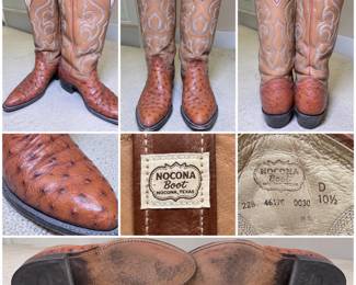Nocona men’s Western cowboy boots, size 10 1/2 D, featuring genuine ostrich leather vamps in a rich cognac brown with contrasting tan leather shafts. Decorative Western stitching, traditional pull straps, pointed/rounded Western toe profile, stacked heels and leather soles. Interior is marked Nocona Boot, Nocona, Texas, with size 10 1/2 D. Boots show expected signs of previous wear, including creasing, scuffs and wear to the leather soles and heels; please review all photographs for condition. A handsome pair of classic Nocona exotic leather cowboy boots with strong Western styling.