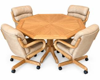 Poker table set46" Octagonal Oak Pedestal Game & Dining Table with Four Rolling Swivel Leather Chairs