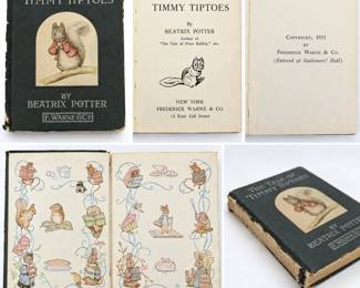 Beatrix Potter, The Tale of Timmy Tiptoes, first American edition, published in 1911 by Frederick Warne & Co., New York. Title page bears the New York publisher’s address “12 East 33d Street,” associated with the first American edition, and the copyright page states “Copyright, 1911 by Frederick Warne & Co.” Features Beatrix Potter’s charming color illustrations and pictorial endpapers depicting characters from her celebrated children’s books. Original dark green pictorial boards with mounted color illustration of Timmy Tiptoes. CONDITION: Significant age-related wear, including substantial deterioration and loss to the spine, exposed binding, edge and corner wear, rubbing and losses to the boards, and weakness/separation at the binding and hinges as shown. Interior illustrations retain attractive color. No dust jacket present. Please review all photographs carefully for condition and completeness.
