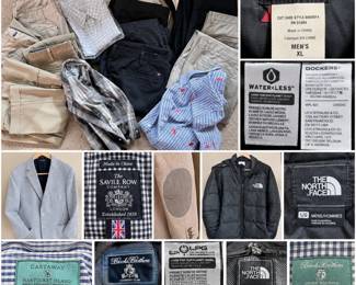 Large collection of men’s casual and dress clothing featuring assorted trousers, khakis, cargo pants, and button-down shirts in versatile neutral colors. Identified brands include Brooks Brothers, Levi Strauss & Co. Dockers, LA Police Gear (LAPG), Castaway Nantucket Island, and additional makers. Highlights include Brooks Brothers trousers marked size 38, LAPG Core Cargo Pants, Dockers pants, a Castaway Nantucket Island striped button-down shirt in size Large, and additional patterned and solid shirts. Assortment includes black, navy, gray, tan, khaki, and cream tones suitable for business, casual, travel, and everyday wear. Sizes vary throughout the collection. Pre-owned condition with varying signs of use and wear; please review photographs and labels for individual sizing, materials, and condition.