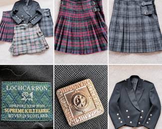 Collection of traditional Scottish Highland formalwear featuring three tartan kilts and a black formal Prince Charlie-style jacket. Kilts include pleated tartan designs in varying gray, green, red and neutral colorways with traditional leather buckle closures and fringe detailing. One example retains a Lochcarron of Scotland label identifying the fabric as “100% Pure New Wool – Supreme Kilt Fabric – Woven in Scotland.” The black formal jacket features satin-faced peak lapels, shoulder detailing and ornate square Celtic-style metal buttons at the front and cuffs. An attractive collection for Highland dress, Scottish heritage events, weddings, formal occasions, theatrical wardrobe or collectors. Items show varying evidence of prior wear consistent with pre-owned clothing. Please review photographs for individual patterns, construction, labels and condition. Sizes have not been confirmed and bidders should rely on provided photographs and measurements, when available.