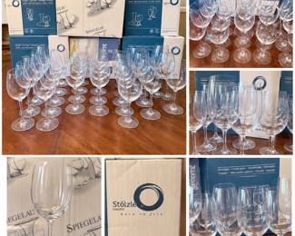 Large collection of quality European crystal stemware by Spiegelau and Stölzle Lausitz, including assorted wine glasses, champagne stems and other specialty stemware. The Stölzle pieces are marked Made in Germany, with several original manufacturer boxes included; packaging also includes the Forte collection. Elegant clear crystal construction with finely drawn stems and a variety of bowl shapes suitable for red wine, white wine and champagne service. An attractive entertaining collection with the added benefit of original storage boxes. Collection appears gently used; boxes show normal storage and handling wear. Please review photographs for exact quantity, assortment, box contents and condition, as not all boxes have been verified to contain their originally designated glass style.