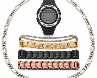 Men’s estate jewelry and accessories collection featuring a Casio Wave Ceptor Illuminator radio-controlled digital wristwatch, a substantial Figaro-style chain marked “925” for sterling silver, and three additional link bracelets in black, copper-tone and gold-tone finishes. The Casio features World 25 Time Zone, Illuminator, Date Alert and 50M water resistance markings. Watch is currently not running and has a dead battery; functionality has not been tested and it is sold as-is. Sterling silver chain displays surface wear and patina consistent with previous use. Additional bracelets show varying degrees of finish wear, scratches and signs of use. Please review photographs carefully for markings, construction and overall condition. Estate collection sold together as one lot.