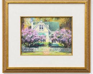Charming original pastel on paper by noted American pastel artist Deborah Bays, depicting a picturesque cottage surrounded by abundant flowering lilacs and lush garden foliage behind a white picket fence. Rendered in Bays’ soft, atmospheric style with a palette of lavender, pink, green, cream and blue, the intimate composition captures the warmth and color of a flowering residential garden. Signed “Bays” at the lower right. Small-format original artwork, professionally presented under glass with a wide neutral fabric mat, gold-tone inner liner and coordinating decorative gold-tone frame. Art field and overall framed dimensions to be added. Attractive ready-to-display original work with strong decorative appeal. Artwork, mat and frame show condition consistent with age and display; please review all photographs carefully as they form an important part of the condition report. Artist or Maker Deborah Bays