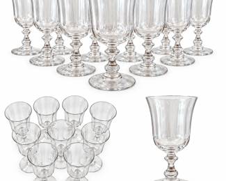 Set of ten Mikasa French Countryside clear crystal water goblets featuring the classic discontinued French Countryside pattern. Each elegant goblet features a gently flared optic bowl with subtle vertical paneling, a distinctive sculpted baluster stem with stacked knop detailing, and a round footed base. The French Countryside crystal pattern was produced from approximately 1990–2016 and is a desirable companion to Mikasa’s enduring French Countryside dinnerware collection. An attractive matching set of ten suitable for formal dining, entertaining, replacement stemware, or completing an existing French Countryside service. Pre-owned condition with light wear consistent with age and use. Please review all photographs carefully for condition and details; photographs are considered part of the description.