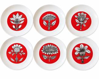 Vintage set of six Block Bidasoa Flamenco salad plates, made in Spain, featuring striking red, black, and white botanical designs. Each glossy white plate features a bold red circular center decorated with a different highly detailed black-and-white floral motif, giving the set a wonderful coordinated yet individually distinctive appearance. The Flamenco pattern is a discontinued Bidasoa design produced in Spain and is recognized for its dramatic red and black decoration. Matching examples measure approximately 7 3/4 inches in diameter. Set includes six salad plates as photographed. Excellent for entertaining, display, or as an addition to an existing Block Bidasoa Flamenco dinnerware service. Vintage pre-owned condition with possible light surface and utensil wear consistent with age and use. Please review photographs carefully for condition, pattern variations, and included pieces.