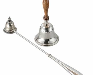 Elegant vintage sterling silver tabletop collection featuring a traditional hand bell with a beautifully turned wood handle and a long-handled sterling silver candle snuffer. Both pieces are marked “STERLING,” with additional maker’s marks as photographed. The silver retains its original patina, surface wear, scratches and signs of age, giving the pieces wonderful vintage character. The bell features a classic flared form and warm natural wood handle, while the coordinating long-handled candle snuffer offers an attractive decorative and functional accessory for a formal table, library or traditional interior. Please review all photographs for maker’s marks, measurements, condition and details, as photographs are considered part of the description.