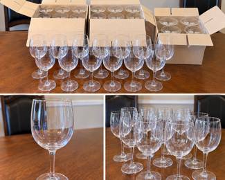Impressive large collection of clear Slovakian crystal stemware featuring classic, versatile forms with smooth bowls, slender stems and circular feet. This substantial collection includes numerous wine glasses in multiple sizes, with additional stemware remaining stored in protective divided boxes as shown. The clean, understated design works beautifully for both formal dining and everyday entertaining and provides an excellent opportunity to acquire a large coordinated crystal service. Made in Slovakia. Collection is offered together as shown, including boxed pieces. Pre-owned condition with light wear consistent with use and storage. Please review photographs for exact quantities, sizes and condition.