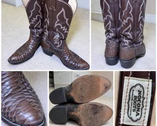 Pair of Nocona Boots, Made in USA, featuring dark brown leather shafts with contrasting decorative Western stitching and exotic snakeskin-textured vamps and feet. Classic pointed-toe cowboy profile with pull straps, leather soles and stacked heels. The boots show visible wear consistent with prior use, including scuffing, creasing and wear to the soles and exterior; please review photographs closely for condition. Interior Nocona Boots label present. A distinctive pair of American-made Western boots with excellent decorative character. Exotic material identification has not been independently verified and is based on appearance; bidders should rely on photographs for final determination.