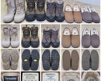 Collection of men’s outdoor and casual footwear featuring several recognizable performance and comfort brands. Includes Columbia Titanium hiking boots with rugged traction soles, Merrell hiking boots, black 5.11 Tactical lace-up boots, insulated lace-up boots with Thinsulate lining, and two pairs of UGG Australia shearling-lined slip-on shoes/slippers in tan and gray. A practical assortment suitable for hiking, outdoor work, cold-weather wear and casual use. All items are pre-owned and show varying degrees of wear, including surface marks, scuffs, soiling and sole wear consistent with use. Please review photographs carefully for individual styles, construction and condition. Sizes may vary; buyer should rely on photographed markings where available.
