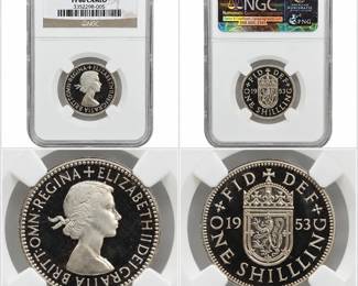 Exceptional 1953 Great Britain One Shilling featuring the Scottish Crest reverse and the young laureate portrait of Queen Elizabeth II. This proof coin has been professionally graded and encapsulated by NGC as PF 66 CAMEO, recognizing its high-grade proof surfaces and attractive contrast between the frosted devices and mirrored fields. The reverse features the crowned Scottish shield with lion rampant, dated 1953 and surrounded by “FID DEF ONE SHILLING.” NGC certification number 3352298-005. An appealing early Elizabeth II British proof coin with strong eye appeal, desirable Cameo designation, and third-party certification. Please review all photographs as they form an important part of the description and condition assessment.