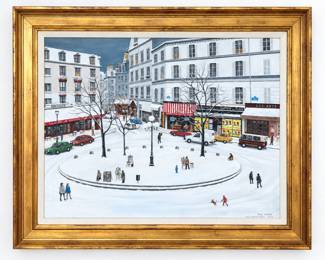 Original painting by Mark Warren depicting Place Contrescarpe in Paris, France, transformed into a charming winter scene with snow-covered streets, classic Parisian architecture, cafés and storefronts, vintage automobiles, pedestrians, street artists, bare trees and a central Paris street lamp. Warren’s detailed composition captures the character and everyday activity of a Paris neighborhood, with colorful shopfronts providing striking contrast against the snowy white streets and cool gray-blue architecture. Signed “Mark Warren” lower right and inscribed “Place Contrescarpe Paris.” Professionally presented in a substantial gilt-finished frame with linen liner. Art field measures approximately 23" x 31". Overall framed dimensions approximately 30"x 38". An impressive large-scale Paris cityscape with strong decorative appeal for collectors of French art, Parisian street scenes, European cityscapes and contemporary folk or naïve-style paintings. Dimensions 30" x 38"