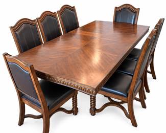 Ornate Barley Twist Dining Table with Six Upholstered Chairs – Carved Wood Dining Set    Item Overview Description Auction Estimate: $800–$1,200 Payment & Shipping Terms