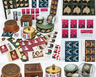Large and varied collection of United States postage stamps featuring an assortment of unused sheets, plate blocks, strips, rolls and individual stamps spanning multiple issues and denominations. Designs include Tiffany Lamp, Navajo Jewelry, Chippendale Chair, American Clock, Silver Coffeepot, Ring-Necked Pheasant, Poinsettia, George Washington, patriotic and commemorative issues, among others. Collection also includes several vintage decorative stamp dispensers and holders in wood, brass-tone metal and leather-covered designs. Many stamps appear unused with original gum; some are presented in substantial partial or full rolls. An interesting collection for the philatelist, postal-history collector or reseller. Stamps have not been individually counted, cataloged or checked for varieties, plate numbers or current postage value. Please review photographs carefully for exact contents, denominations and condition.