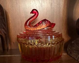 Amberina Glass Swan Trinket Box
