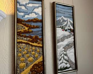 Set of 4 MCM Long Stich Needlepoint Yarn Art