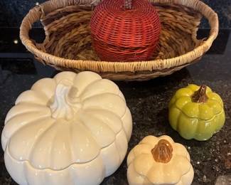 Ceramic Lidded Pumpkins And Woven Basket