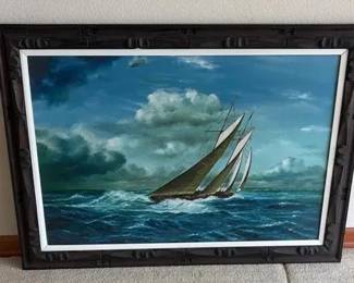 Nautical Schooner Sailboat Oil Painting Signed Wenly Carved Wood Frame 43x31 