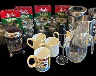 Coffee Time  Unopened Melitta Bamboo Filters Coffee Containers Clear Glass Mugs And More
