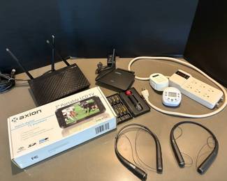 Portable LCD TV, Wireless Headphones, Asus Router, Linksys WiFi Extender