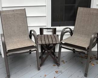 4 Brown Metal and Woven Sling Chairs 2 Plastic Side Tables