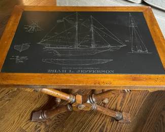 Vintage Slate Wood Table w Engraved Nautical Blueprint of Isiah L Jefferson Schooner