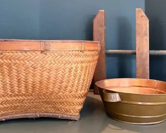 Vintage Items Rattan Basket, Copper Pot and Vice