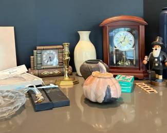 Howard Miller Mantle Clock, Bulova Mantel Clock, and Variety of Home Decor