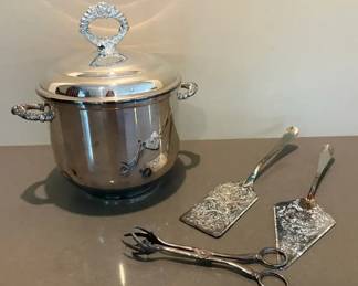 Ice Bucket, Tongs, Stieff Caddy Spoon and Serving Utensils