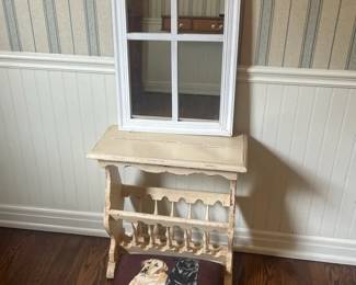 Vintage Dog Tapestry Stool, WindowpaneLike Mirror, Wood Magazine Rack