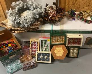 7.5 Foot Christmas Tree with Lights, Ball Ornaments, Colorful Ornaments, Beaded Garland, and Wreaths