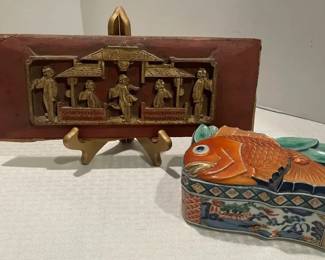 Asian Wood Carving on Wood Plank, Asian Decorative Ceramic Fish Box