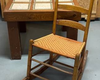 Vintage Wood Rocking Chair with Woven Cord Seat, Wood Coffee Table with Decorative Tile Top