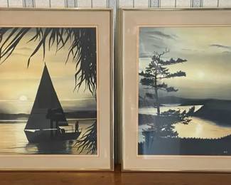 Waterscape Acrylic Paintings, One Signed by ALB, Framed and Matted