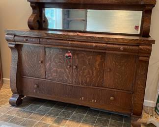 Antique Tiger Wood Buffet with Beveled Glass Mirror
